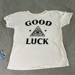 White Graphic Tee with 'Good Luck' Print
